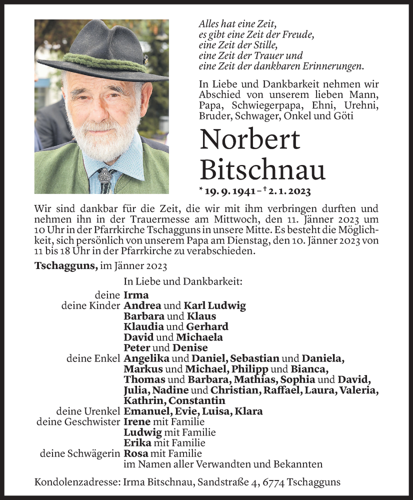  Todesanzeige für Norbert Bitschnau vom 01.02.2023 aus Vorarlberger Nachrichten