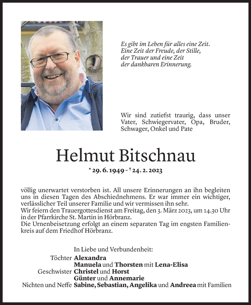  Todesanzeige für Helmut Bitschnau vom 01.03.2023 aus Vorarlberger Nachrichten