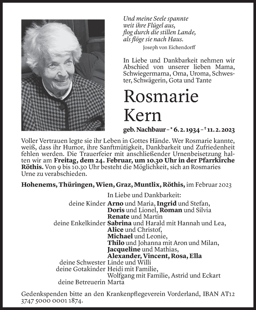  Todesanzeige für Rosmarie Kern vom 21.02.2023 aus Vorarlberger Nachrichten