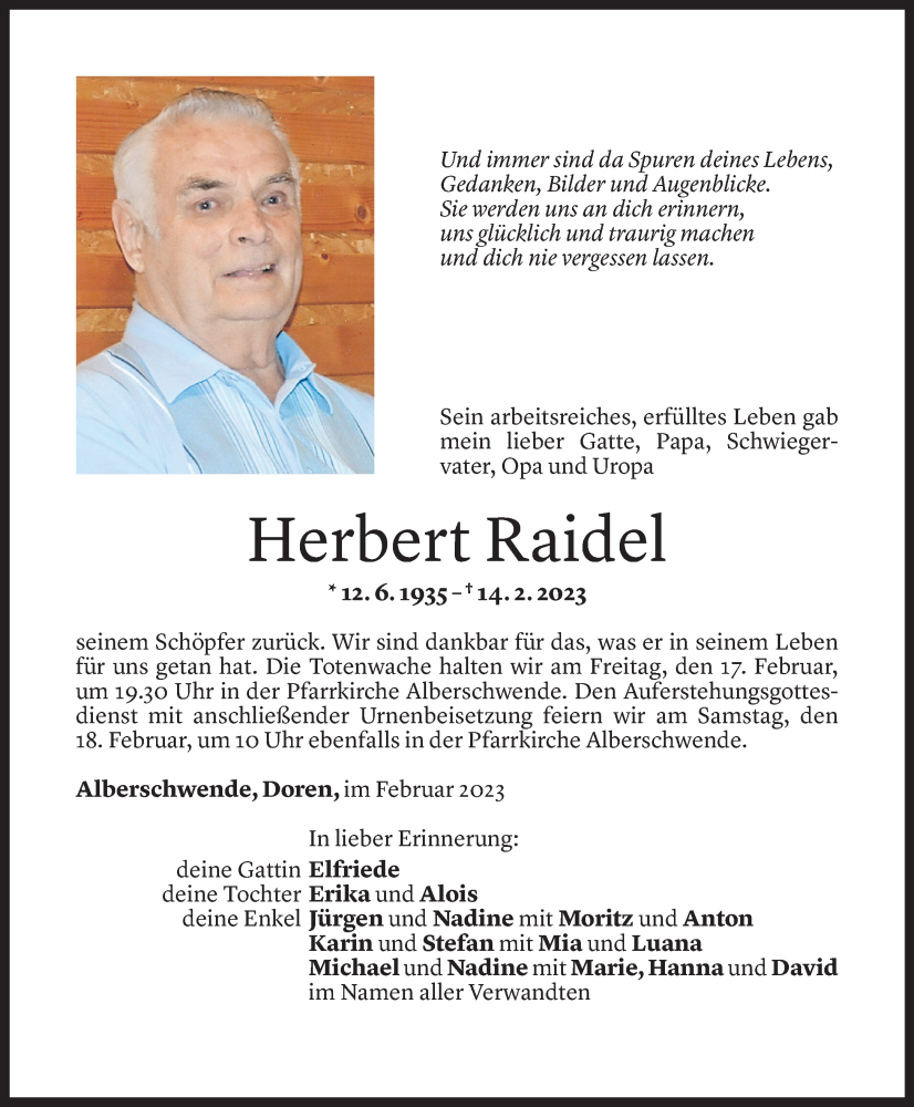  Todesanzeige für Herbert Raidel vom 16.02.2023 aus Vorarlberger Nachrichten