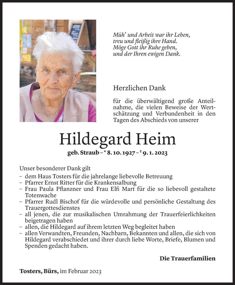  Todesanzeige für Hildegard Heim vom 17.02.2023 aus Vorarlberger Nachrichten
