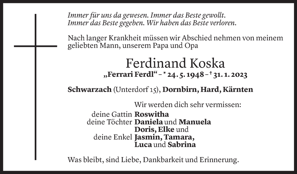  Todesanzeige für Ferdinand Koska vom 10.02.2023 aus Vorarlberger Nachrichten