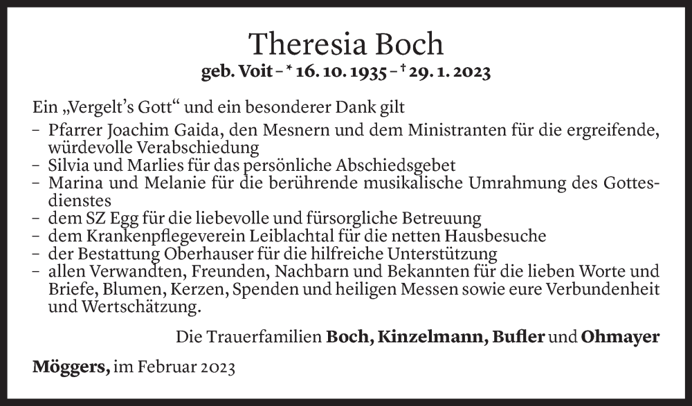  Todesanzeige für Theresia Boch vom 16.02.2023 aus Vorarlberger Nachrichten