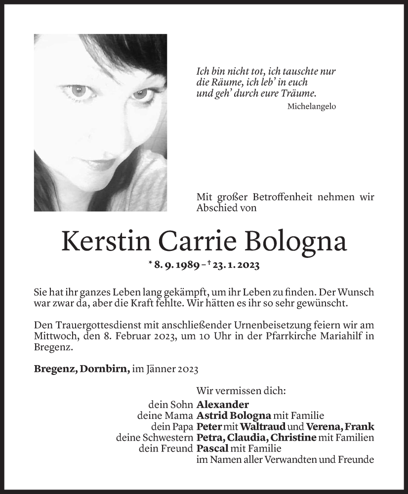  Todesanzeige für Kerstin Carrie Bologna vom 03.02.2023 aus Vorarlberger Nachrichten