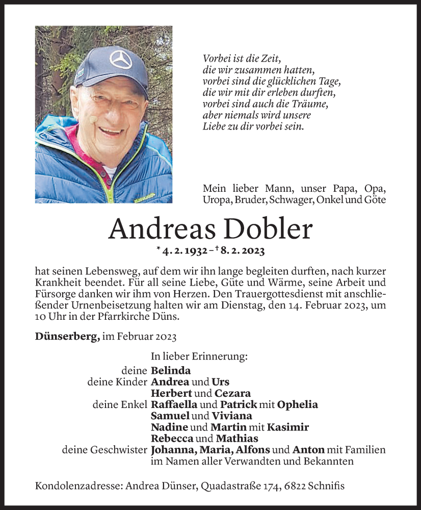  Todesanzeige für Andreas Dobler vom 10.02.2023 aus Vorarlberger Nachrichten