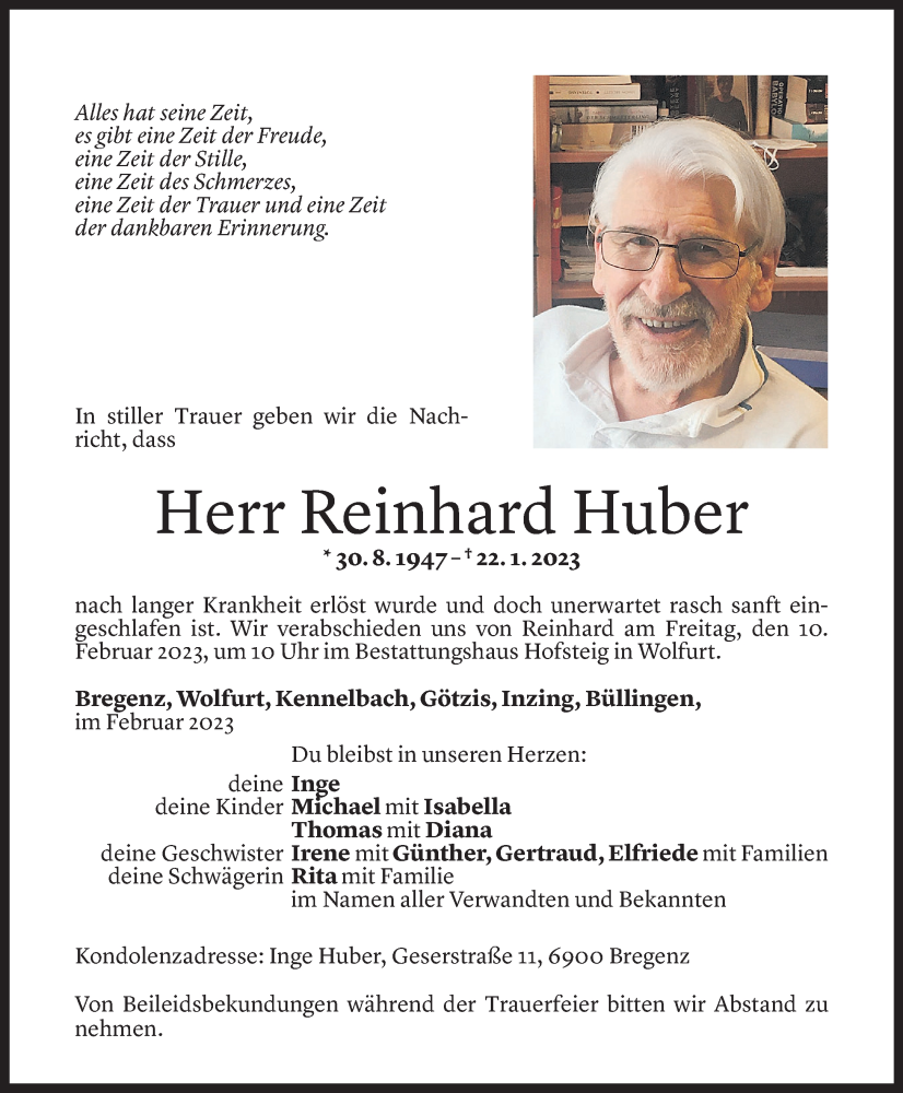  Todesanzeige für Reinhard Huber vom 03.02.2023 aus Vorarlberger Nachrichten