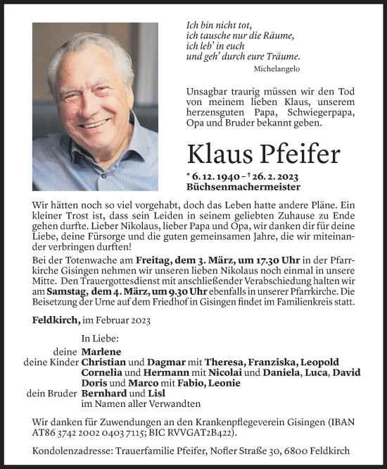 Todesanzeige von Klaus Pfeifer von Vorarlberger Nachrichten