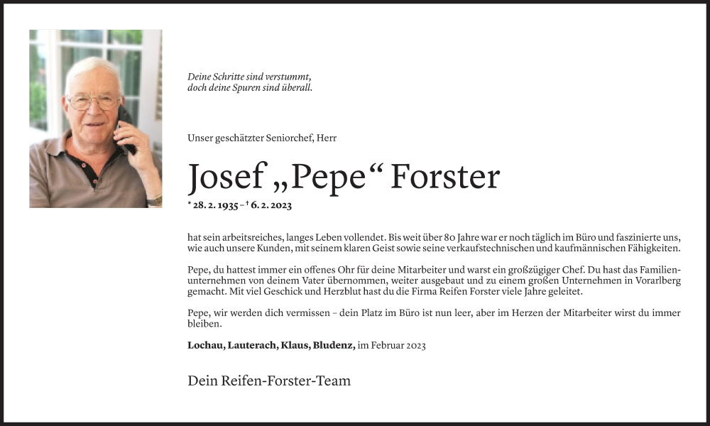  Todesanzeige für Josef Forster vom 11.02.2023 aus Vorarlberger Nachrichten