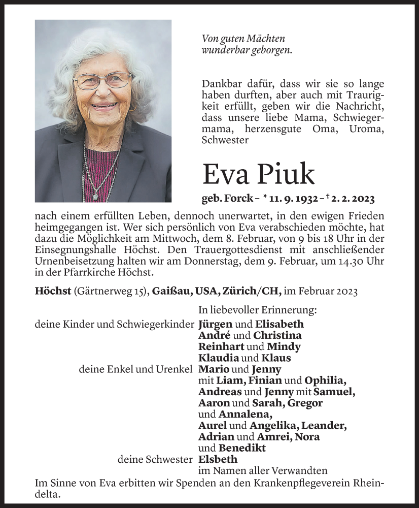  Todesanzeige für Eva Piuk vom 07.02.2023 aus Vorarlberger Nachrichten