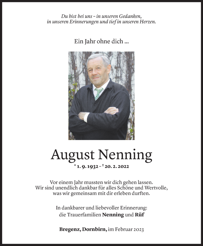  Todesanzeige für August Nenning vom 20.02.2023 aus Vorarlberger Nachrichten