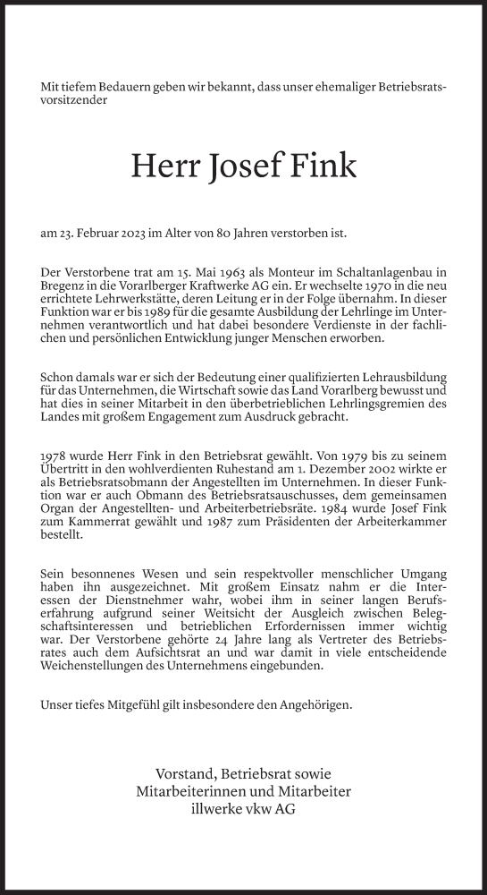 Todesanzeige für Josef Fink vom 01.03.2023 aus Vorarlberger Nachrichten