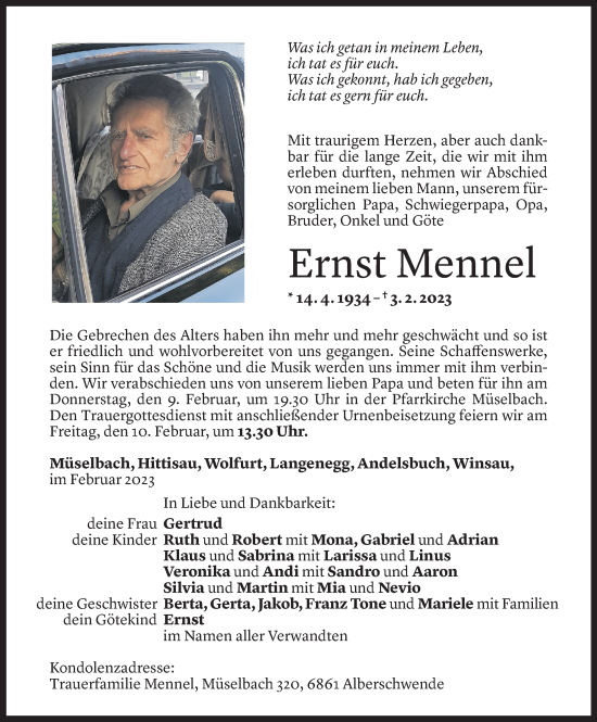 Todesanzeige von Ernst Mennel von Vorarlberger Nachrichten