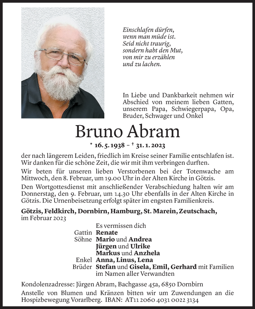  Todesanzeige für Bruno Abram vom 04.02.2023 aus Vorarlberger Nachrichten