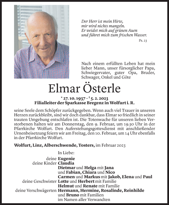 Todesanzeige von Elmar Österle von Vorarlberger Nachrichten