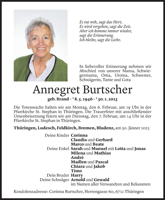 Todesanzeige von Annegret Burtscher von Vorarlberger Nachrichten
