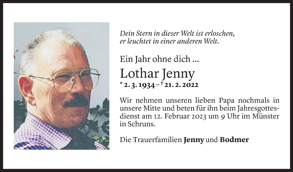  Todesanzeige für Lothar Jenny vom 08.02.2023 aus Vorarlberger Nachrichten