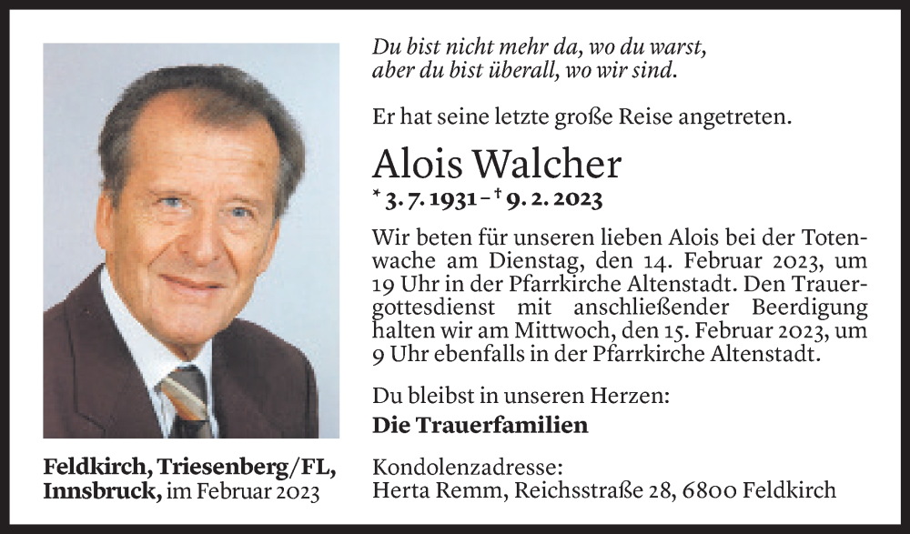  Todesanzeige für Alois Walcher vom 10.02.2023 aus Vorarlberger Nachrichten