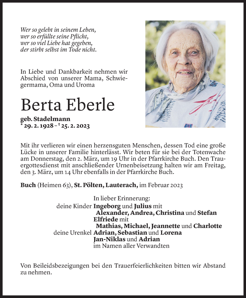  Todesanzeige für Berta Eberle vom 28.02.2023 aus Vorarlberger Nachrichten