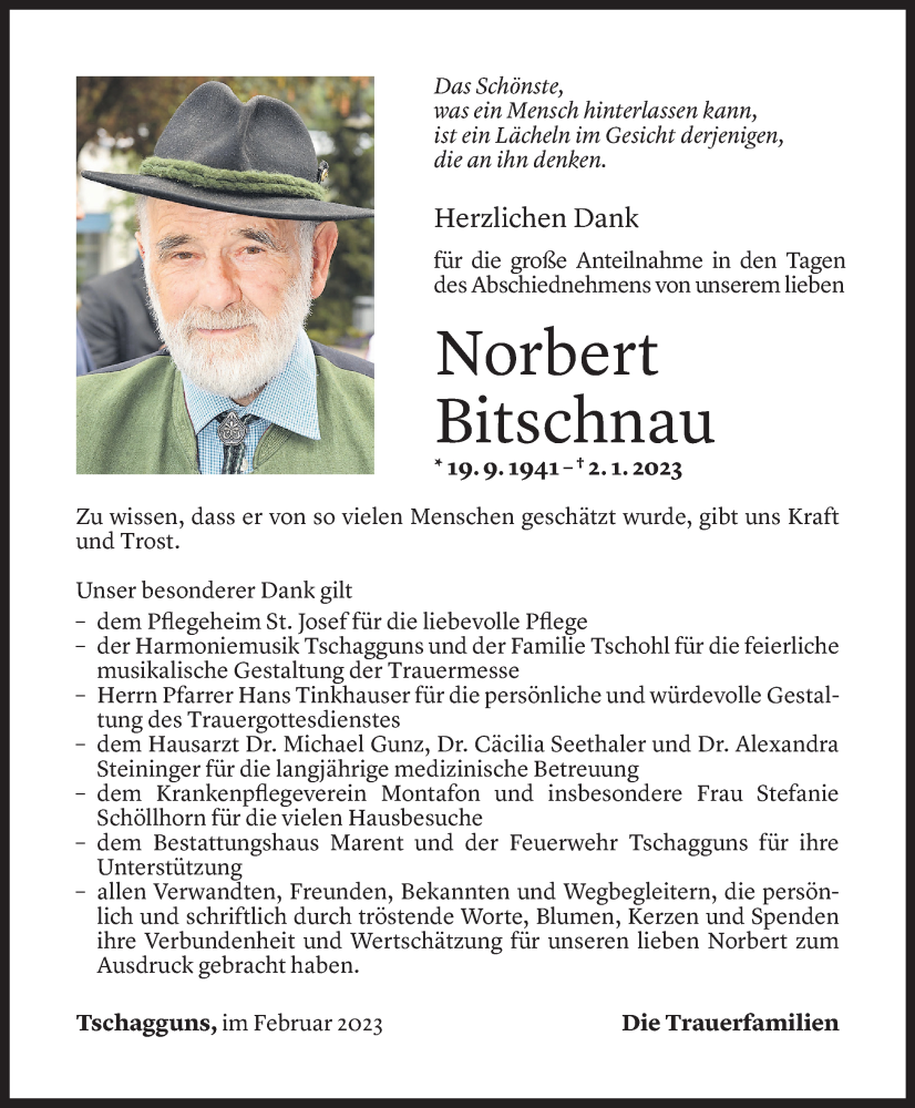  Todesanzeige für Norbert Bitschnau vom 01.02.2023 aus Vorarlberger Nachrichten