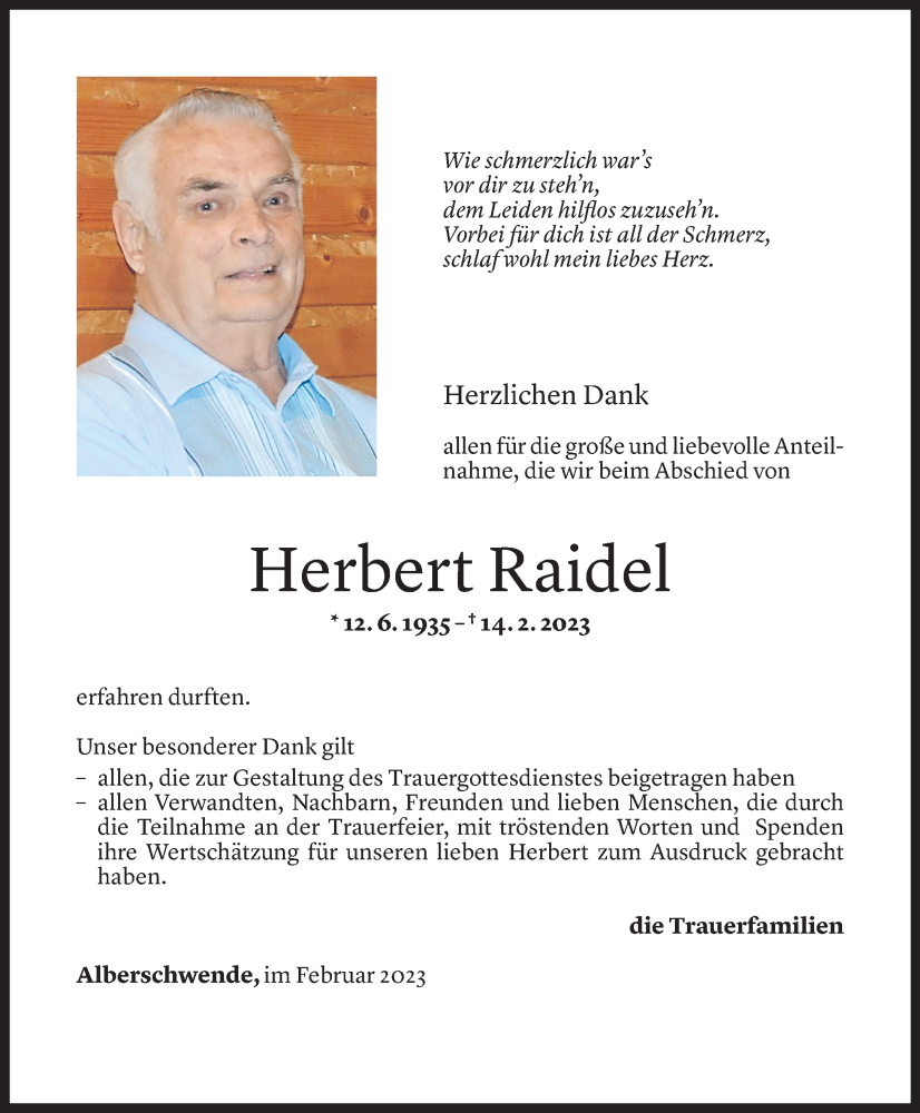  Todesanzeige für Herbert Raidel vom 23.02.2023 aus Vorarlberger Nachrichten