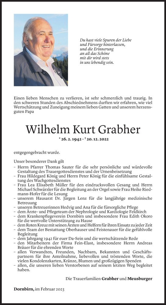 Todesanzeige von Wilhelm Kurt Grabher von Vorarlberger Nachrichten