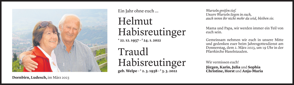  Todesanzeige für Helmut und Traudl Habisreutinger vom 28.02.2023 aus Vorarlberger Nachrichten