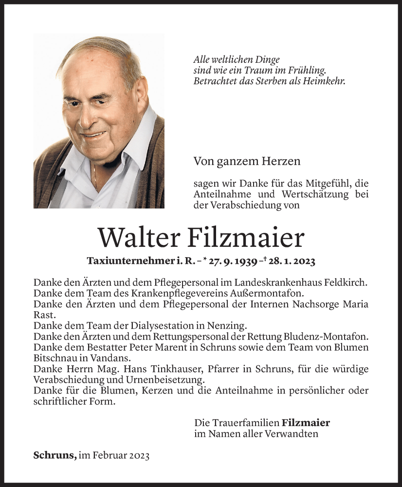  Todesanzeige für Walter Filzmaier vom 11.02.2023 aus Vorarlberger Nachrichten