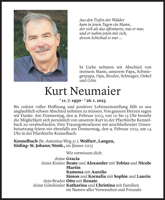 Todesanzeige von Kurt Neumaier von Vorarlberger Nachrichten