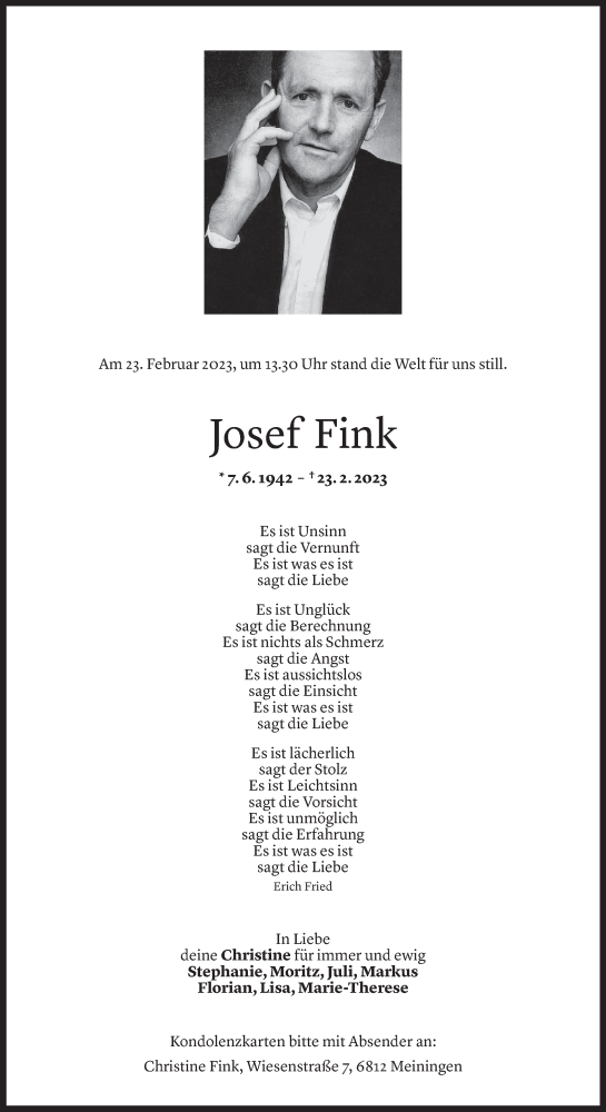  Todesanzeige für Josef Fink vom 01.03.2023 aus vorarlberger nachrichten