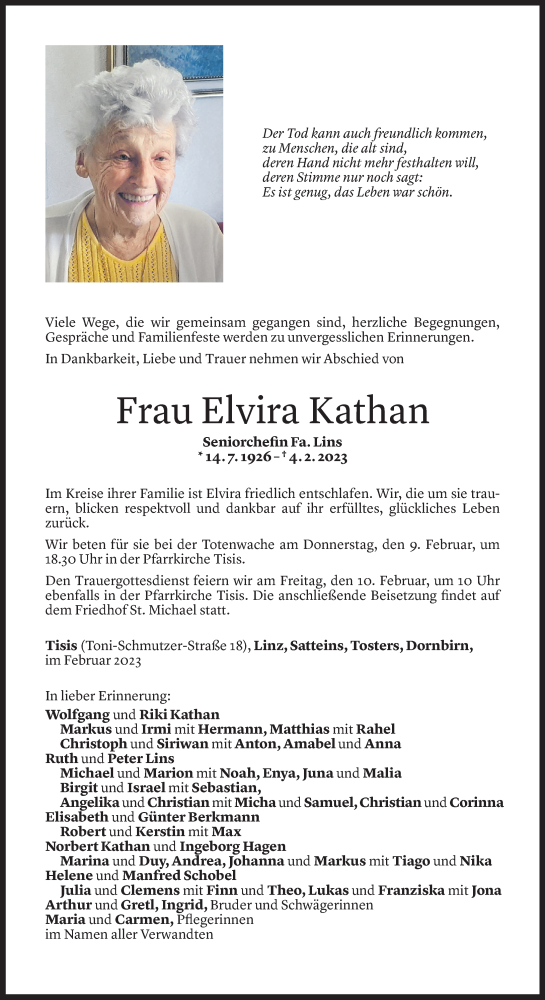  Todesanzeige für Elvira Kathan vom 07.02.2023 aus Vorarlberger Nachrichten