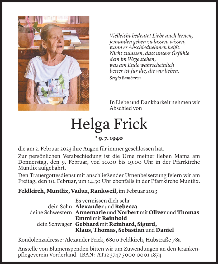  Todesanzeige für Helga Frick vom 04.02.2023 aus Vorarlberger Nachrichten