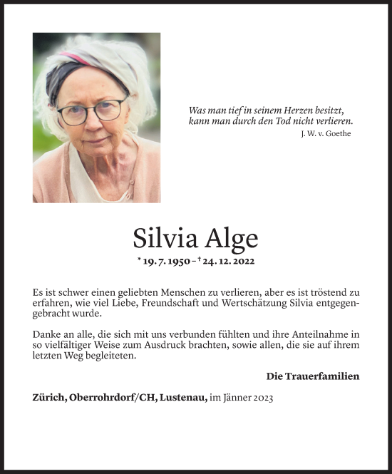Todesanzeige von Silvia Alge von Vorarlberger Nachrichten