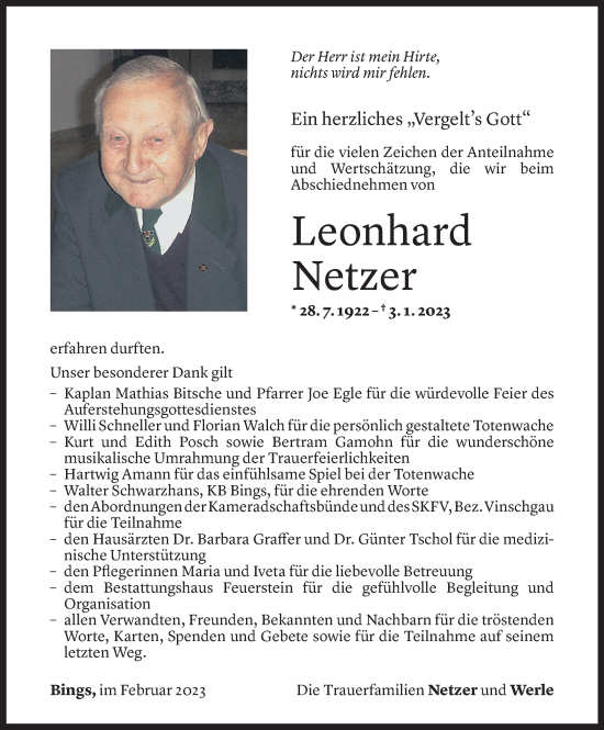 Todesanzeige von Leonhard Netzer von vorarlberger nachrichten