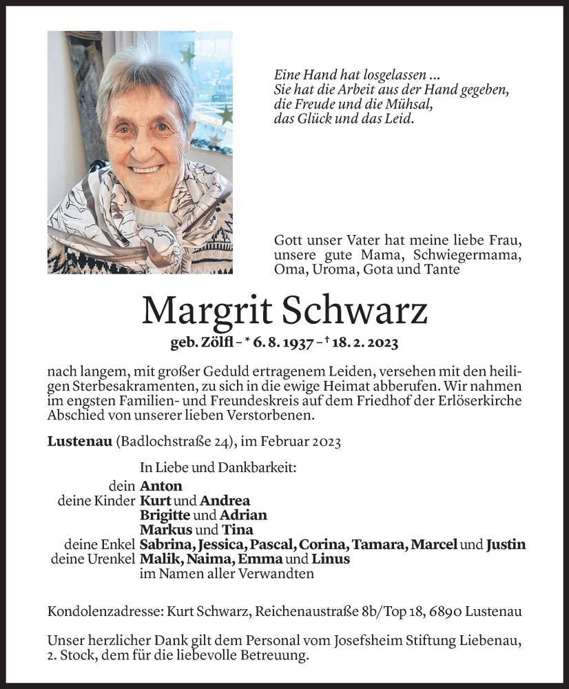  Todesanzeige für Margit Schwarz vom 23.02.2023 aus Vorarlberger Nachrichten