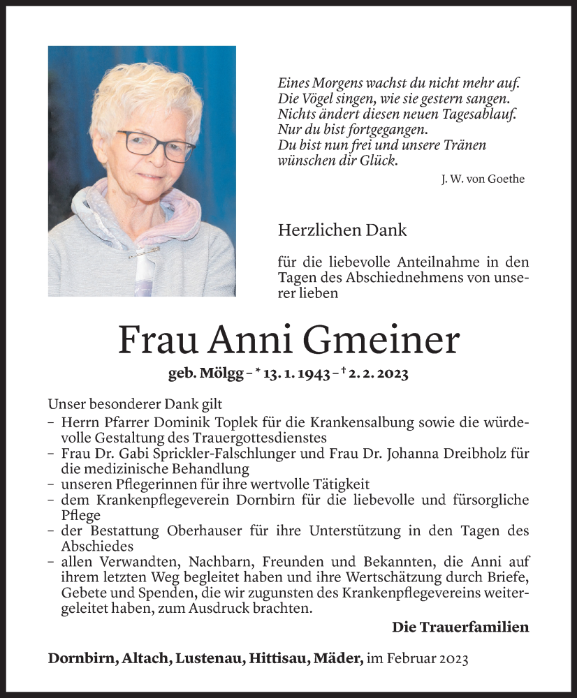  Todesanzeige für Anni Gmeiner vom 24.02.2023 aus Vorarlberger Nachrichten