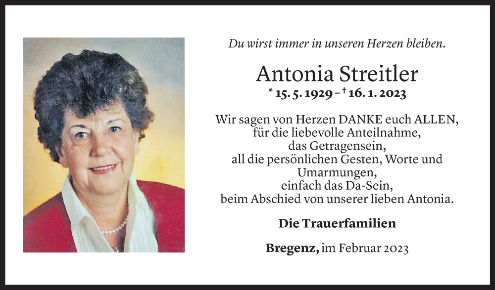  Todesanzeige für Antonia Streitler vom 17.02.2023 aus Vorarlberger Nachrichten