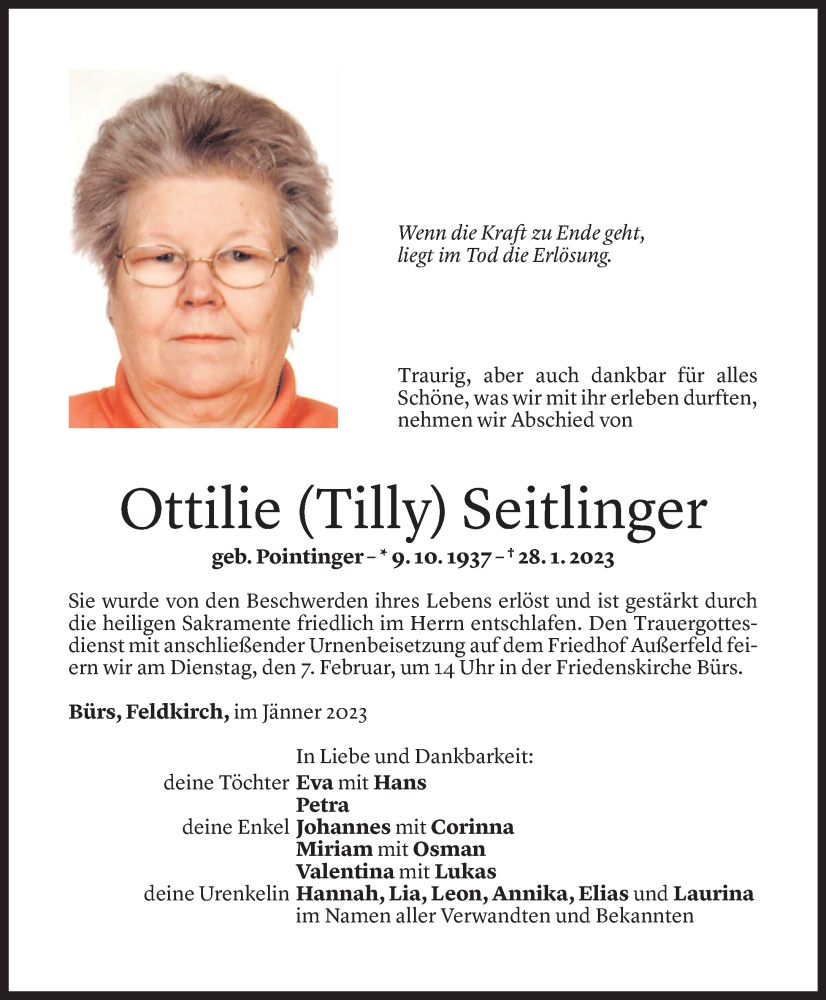  Todesanzeige für Ottilie Seitlinger vom 04.02.2023 aus Vorarlberger Nachrichten