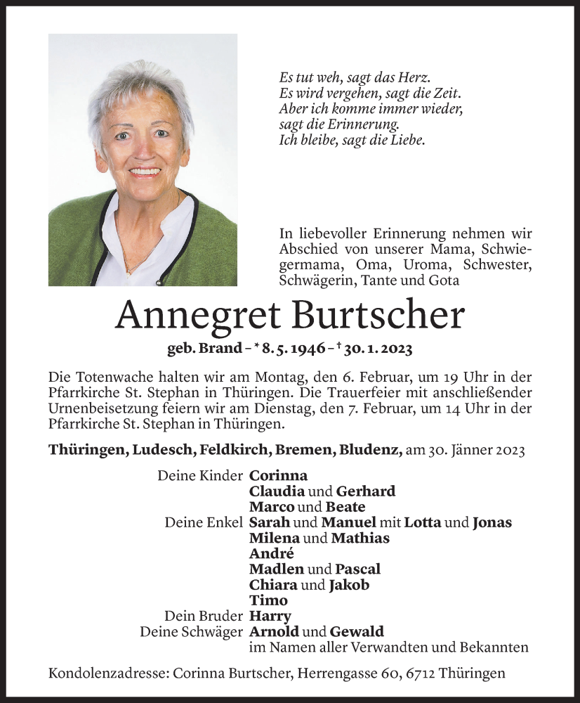 Todesanzeige für Annegret Burtscher vom 02.02.2023 aus Vorarlberger Nachrichten