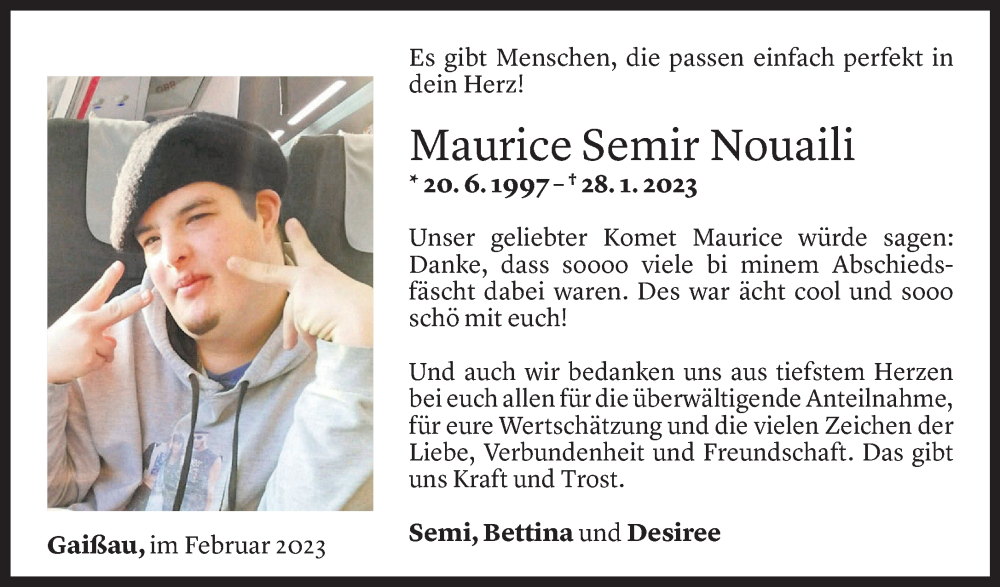  Todesanzeige für Maurice Nouaili vom 25.02.2023 aus Vorarlberger Nachrichten