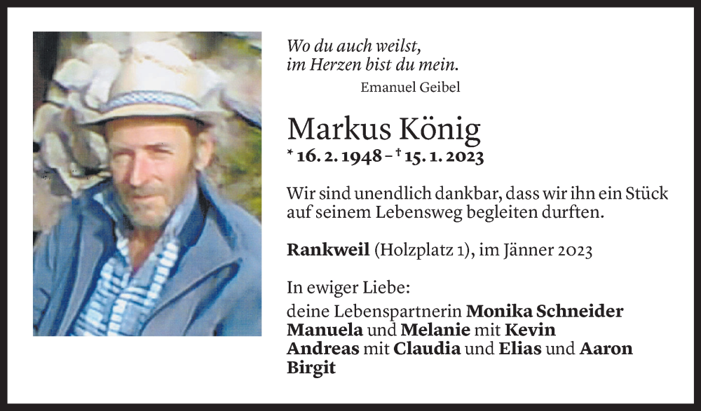  Todesanzeige für Markus König vom 01.02.2023 aus Vorarlberger Nachrichten