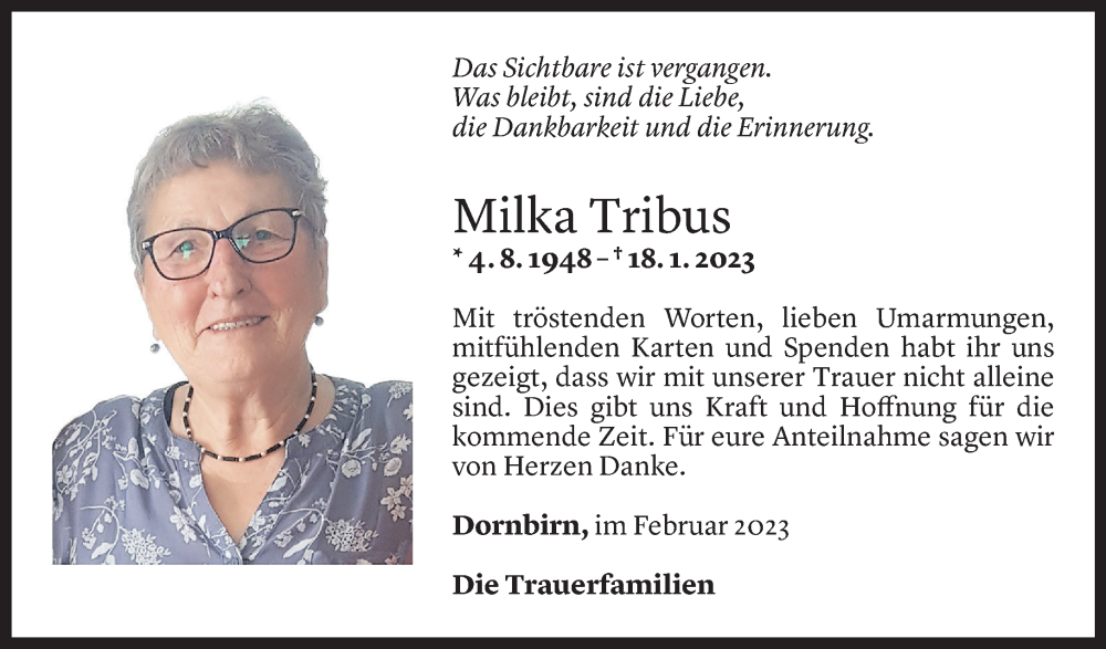  Todesanzeige für Milka Tribus vom 03.02.2023 aus Vorarlberger Nachrichten