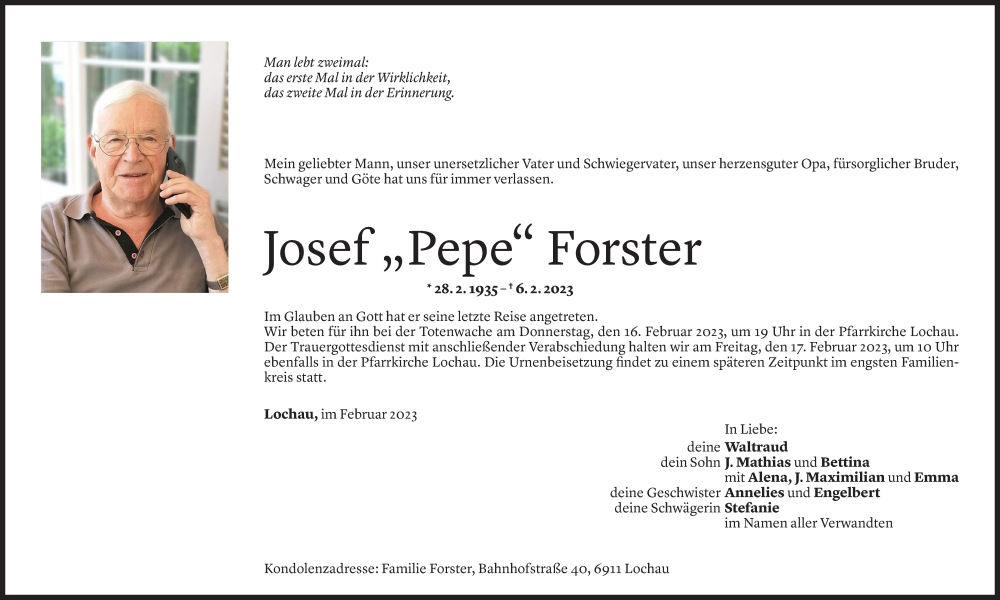  Todesanzeige für Josef Forster vom 11.02.2023 aus Vorarlberger Nachrichten