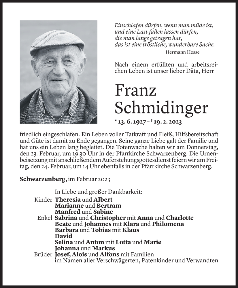  Todesanzeige für Franz Schmidinger vom 22.02.2023 aus Vorarlberger Nachrichten