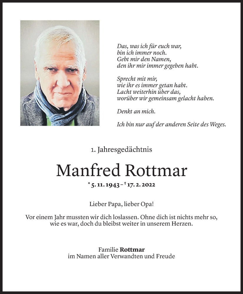  Todesanzeige für Manfred Rottmar vom 16.02.2023 aus Vorarlberger Nachrichten