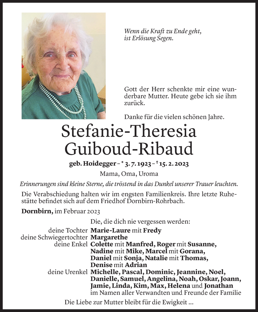  Todesanzeige für Stefanie-Theresia Guiboud-Ribaud vom 20.02.2023 aus Vorarlberger Nachrichten