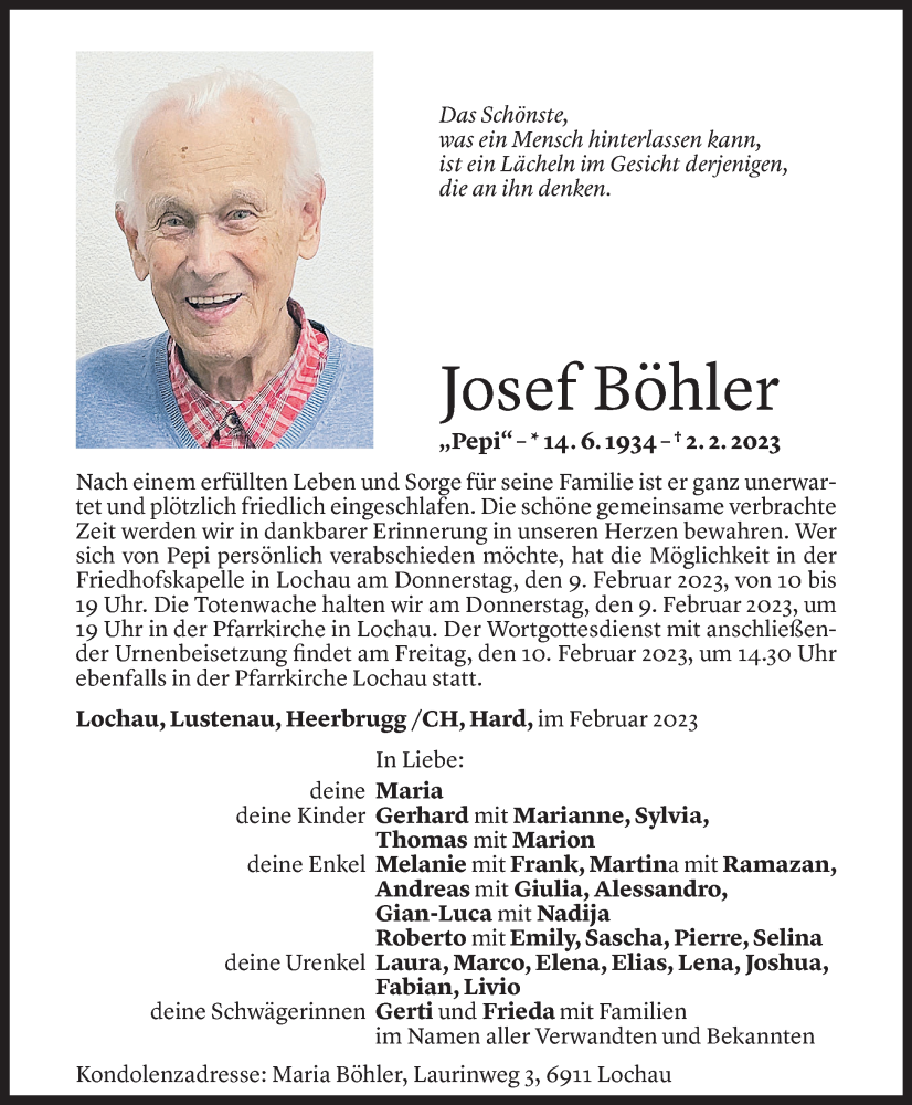  Todesanzeige für Josef Böhler vom 07.02.2023 aus Vorarlberger Nachrichten