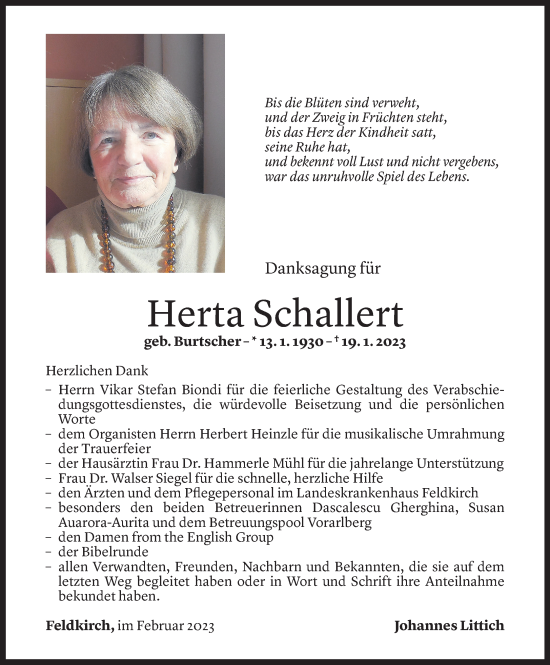 Todesanzeige von Herta Schallert von Vorarlberger Nachrichten
