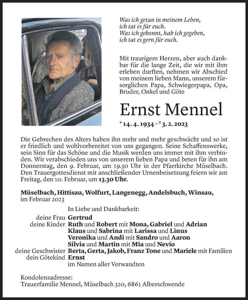  Todesanzeige für Ernst Mennel vom 08.02.2023 aus Vorarlberger Nachrichten
