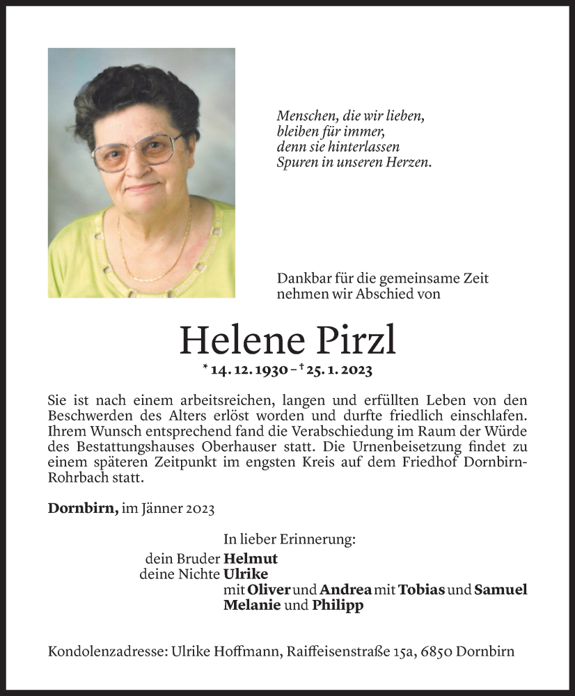  Todesanzeige für Helene Pirzl vom 03.02.2023 aus Vorarlberger Nachrichten