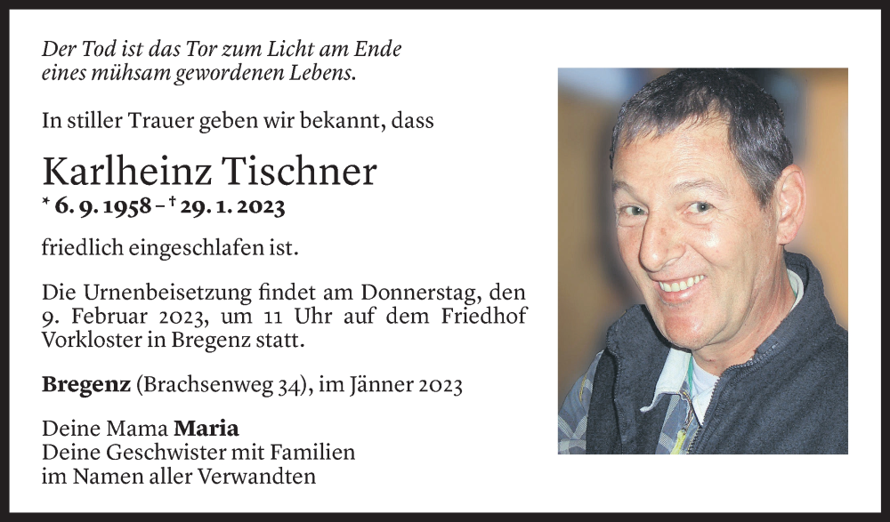  Todesanzeige für Karlheinz Tischner vom 03.02.2023 aus Vorarlberger Nachrichten